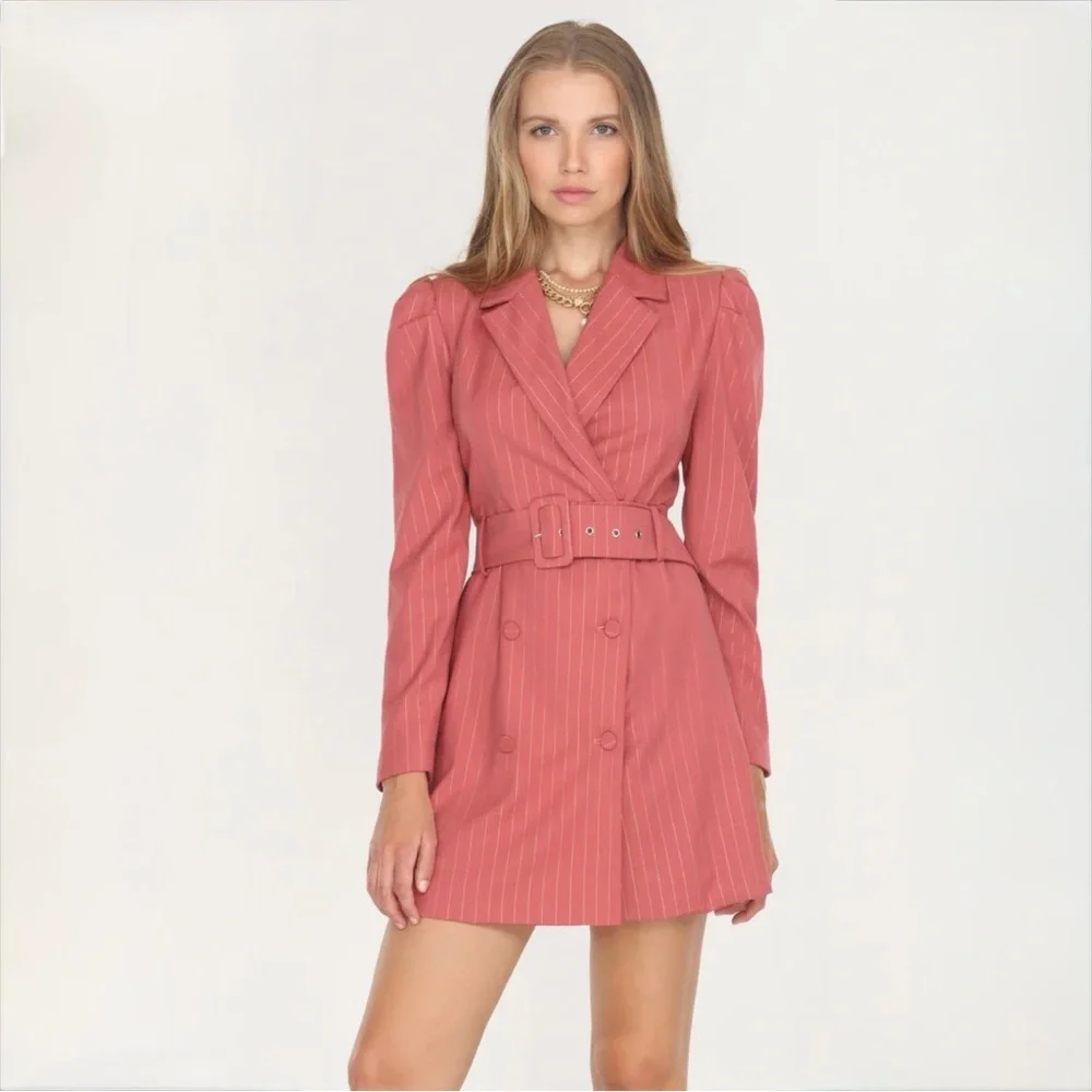 Adelyn Rae Pink Pinstripe Belted Blazer Dress XS Double Breasted Mini - Picture 6 of 14